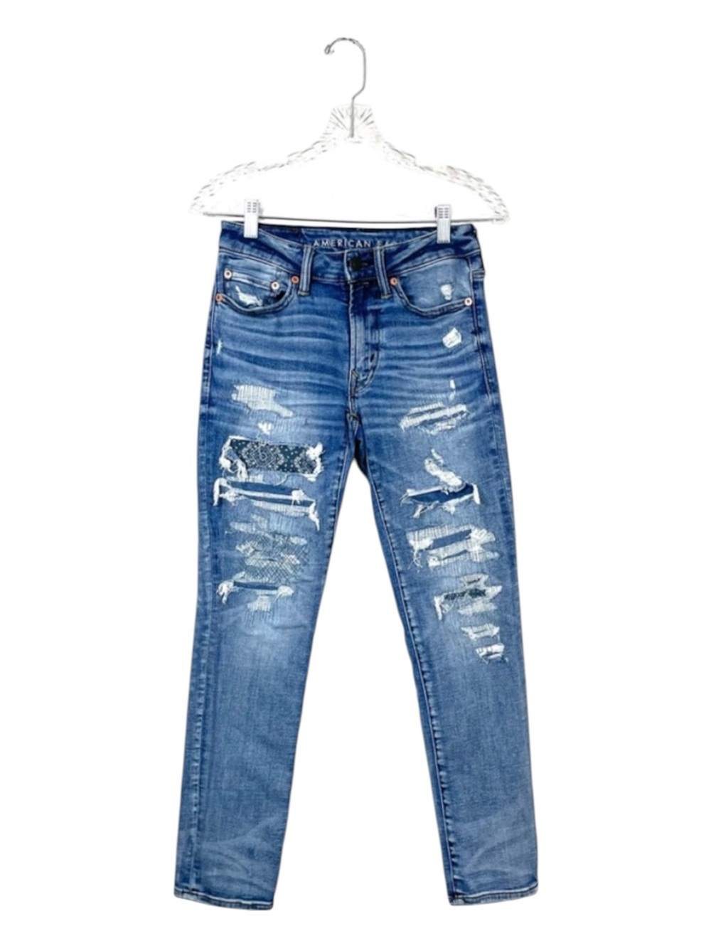 American Eagle Airflex 360 Slim Fit Bandana Patched Distressed Jeans Size 26
